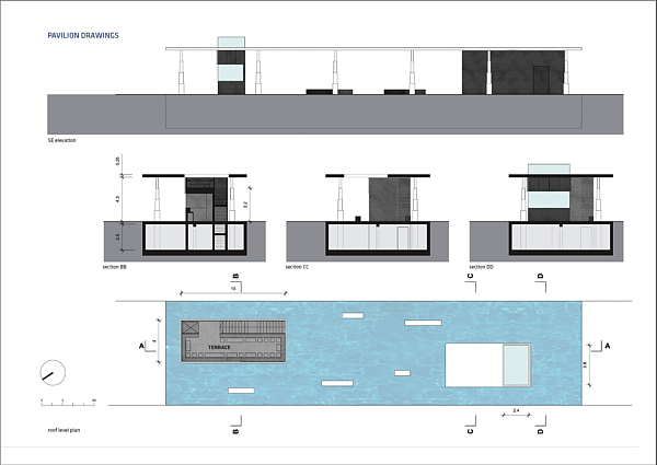  Digital Water Pavilion - Grundriss Dach-Ebene und Schnitte 